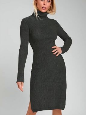 Lulus Sheera Ribbed Turtleneck Knit Dress - Dark Charcoal SMALL